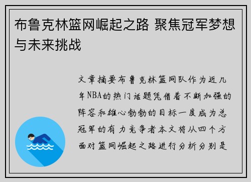 布鲁克林篮网崛起之路 聚焦冠军梦想与未来挑战