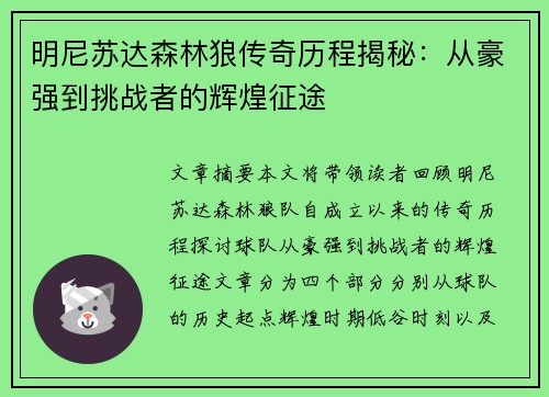 明尼苏达森林狼传奇历程揭秘：从豪强到挑战者的辉煌征途