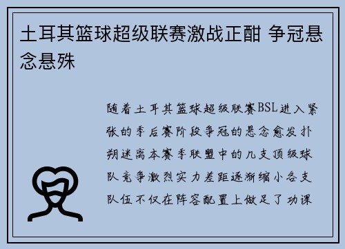 土耳其篮球超级联赛激战正酣 争冠悬念悬殊