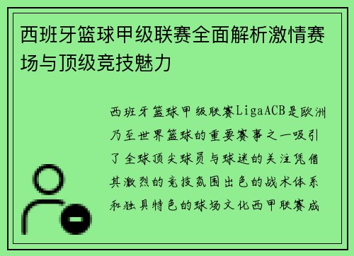 西班牙篮球甲级联赛全面解析激情赛场与顶级竞技魅力