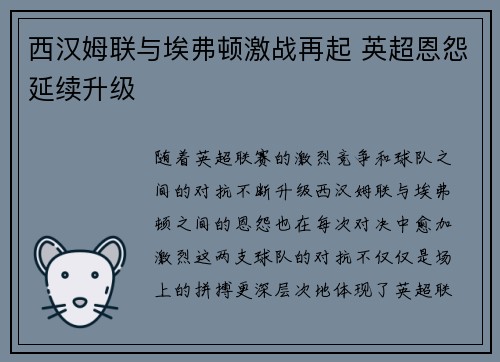 西汉姆联与埃弗顿激战再起 英超恩怨延续升级